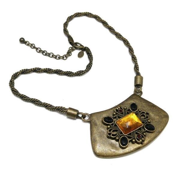 Chico’s Brass Tone Pendant Necklace Topaz Black Red Stones Boho Statement - Picture 8 of 8